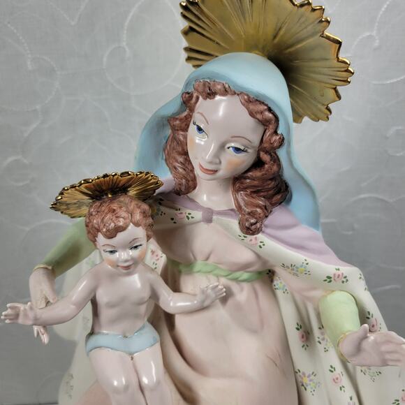 Vintage Crowned Holy Mary Baby Jesus Statue 12" Pink Ceramic‎ Madonna Bea Cox - Picture 14 of 16